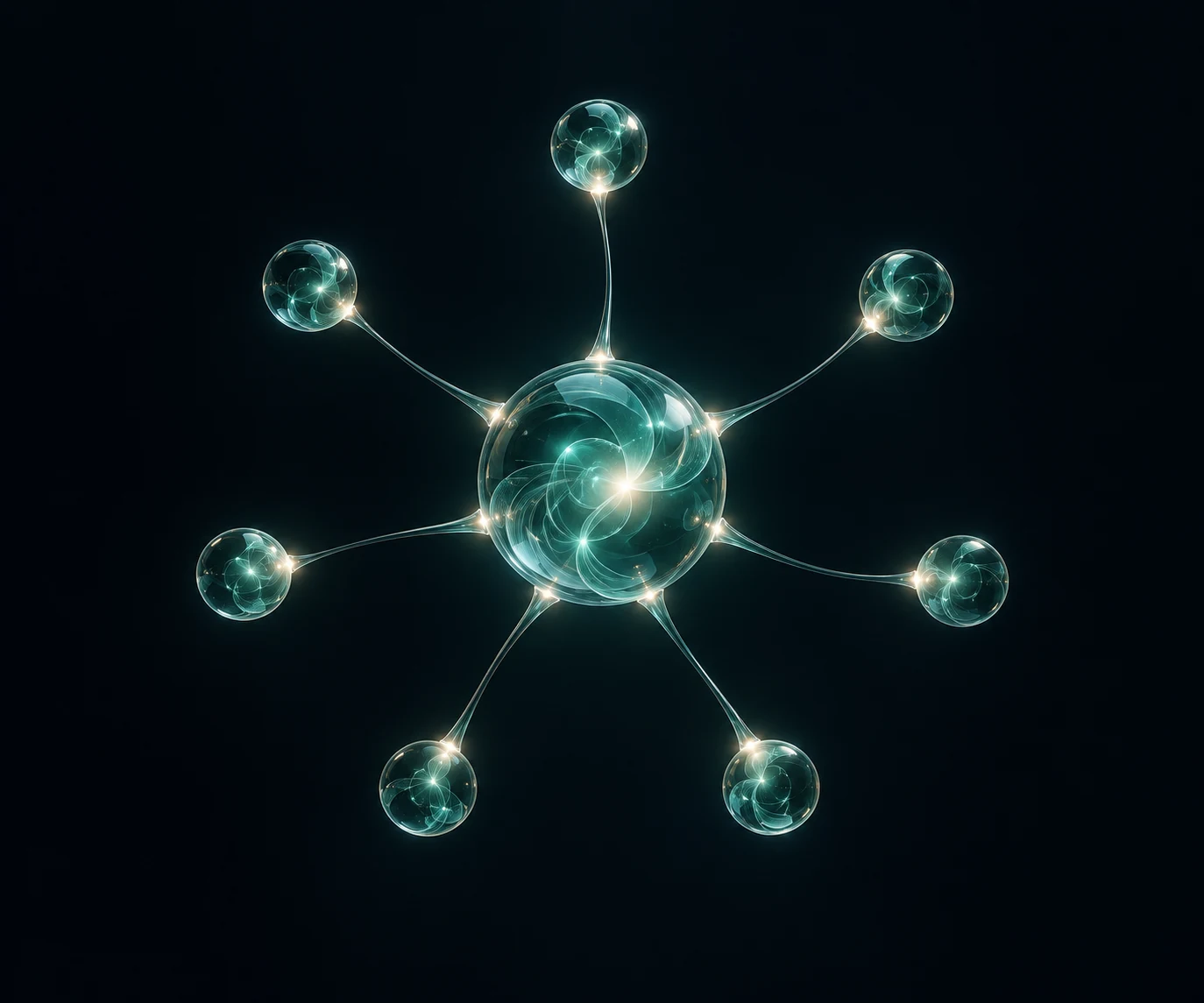 A luminous teal core connected to seven smaller glass nodes, representing a coordinated AI workforce.